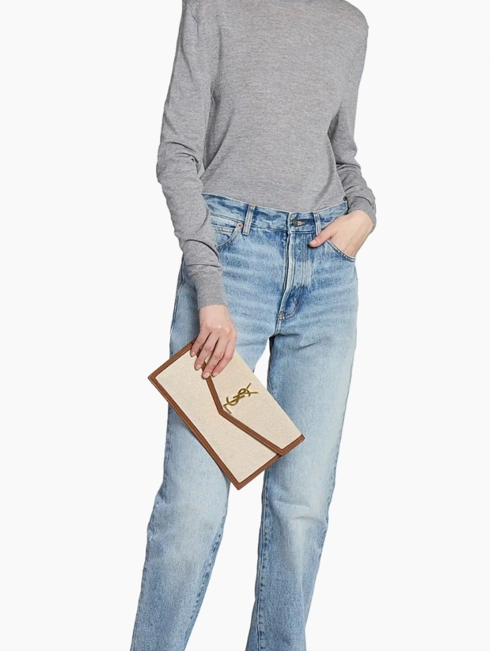 NWT Saint Laurent Uptown Pouch  Canvas Smooth Leather NEW IN BOX FULL SET Cream - Picture 2 of 6